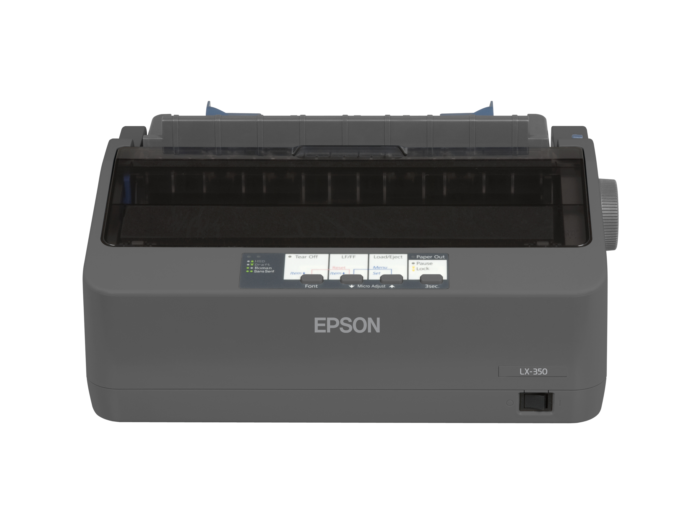 An Epson LX-350 printer, gray casing. The printer's control panel is visible, with lit indicator lights.