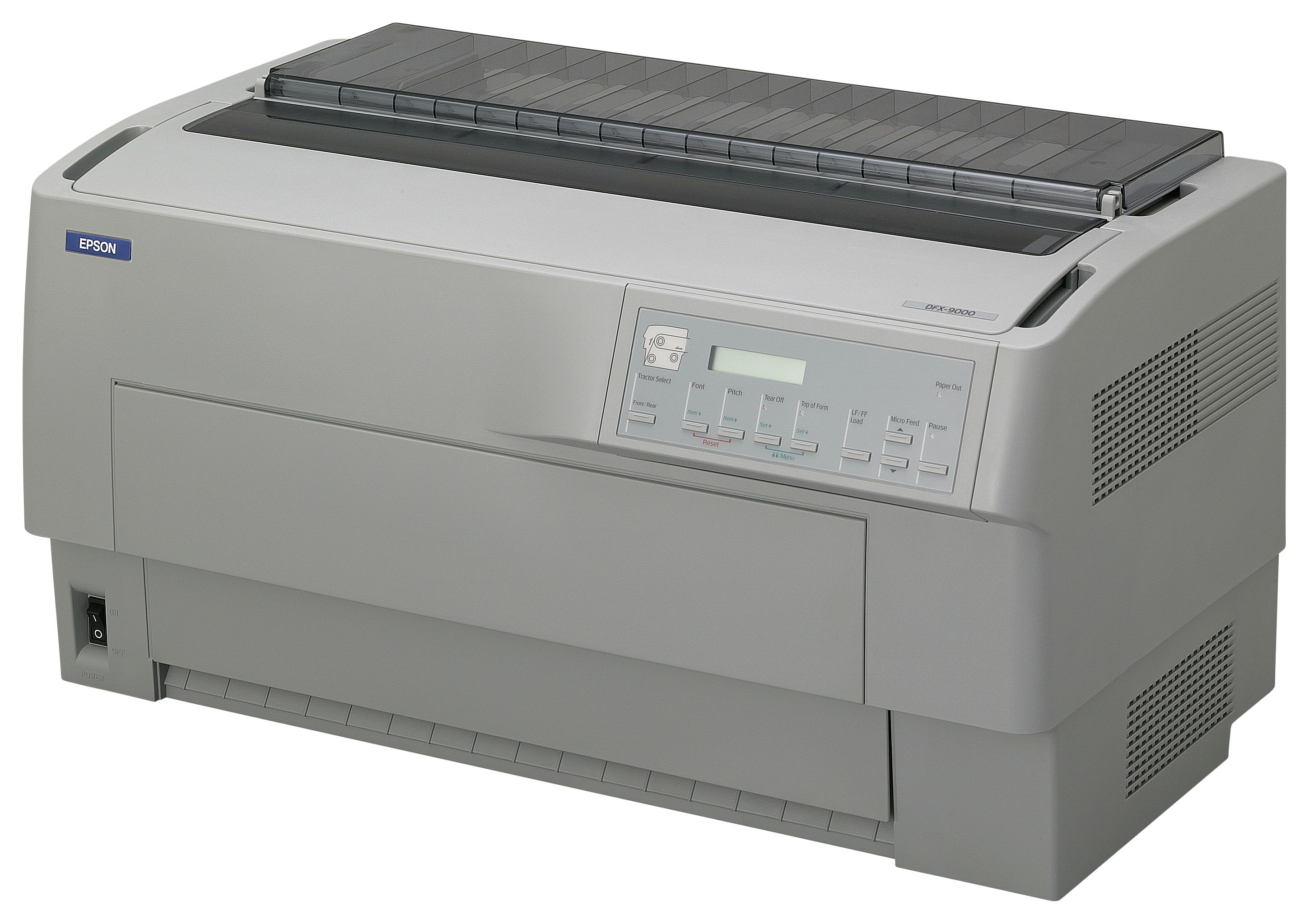 Stampante Epson grigia. Pulsanti e interruttore. Coperchio nero sopra.