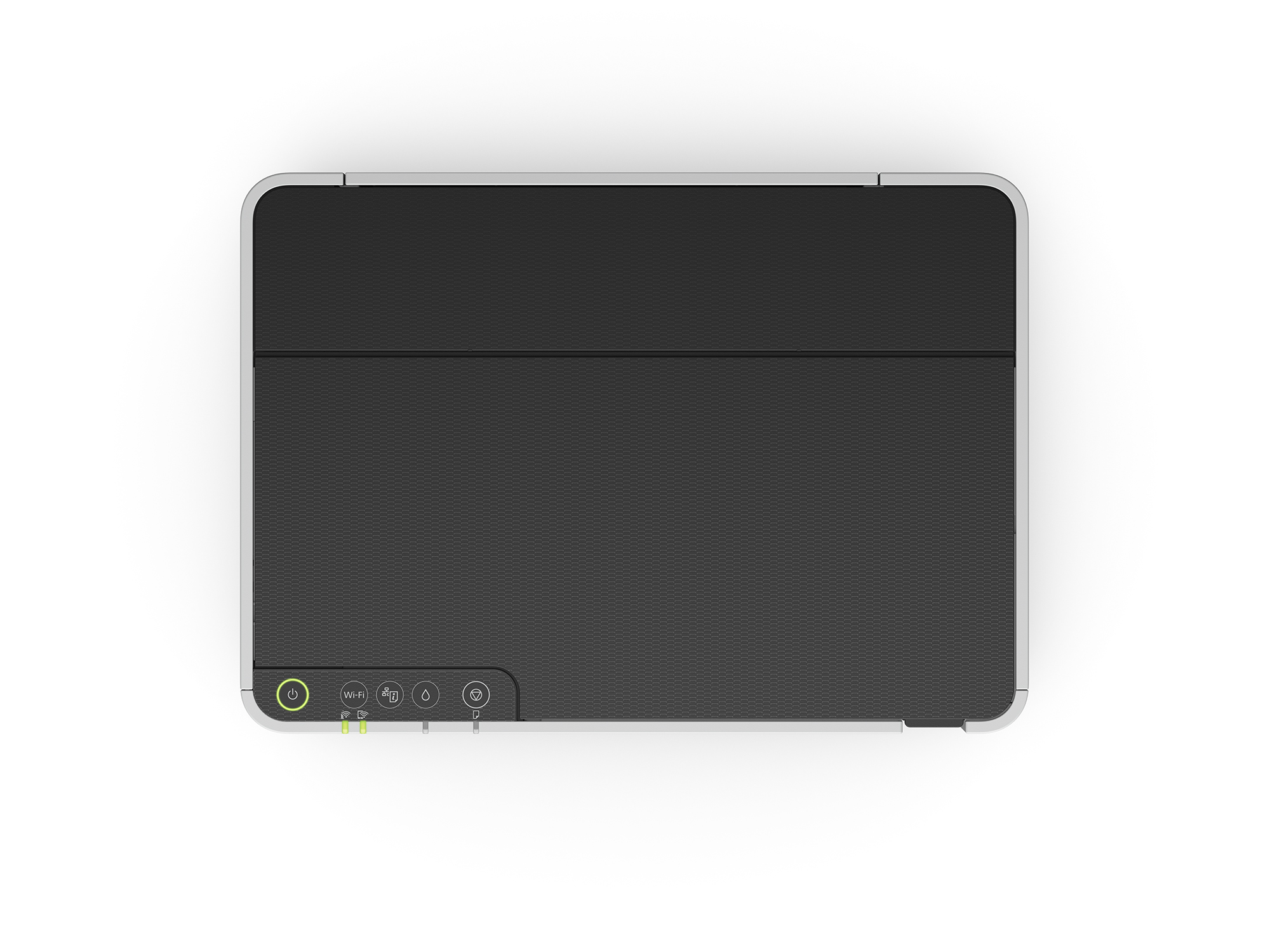 Widok z góry na czarną drukarkę z szarą pokrywą i przyciskami.