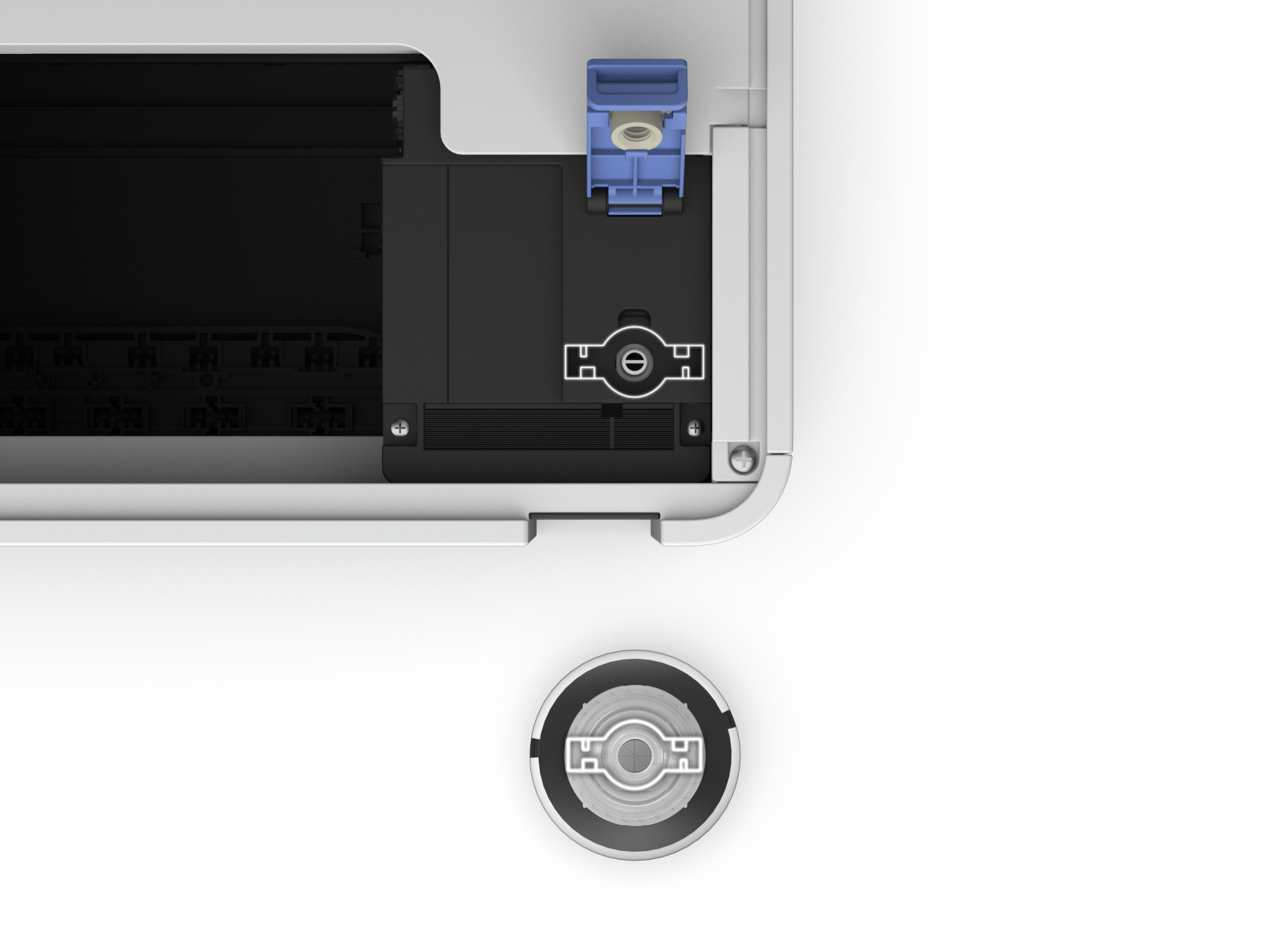 Zbliżenie wnętrza drukarki, pokazujące część drukarki i okrągłe koło zębate.