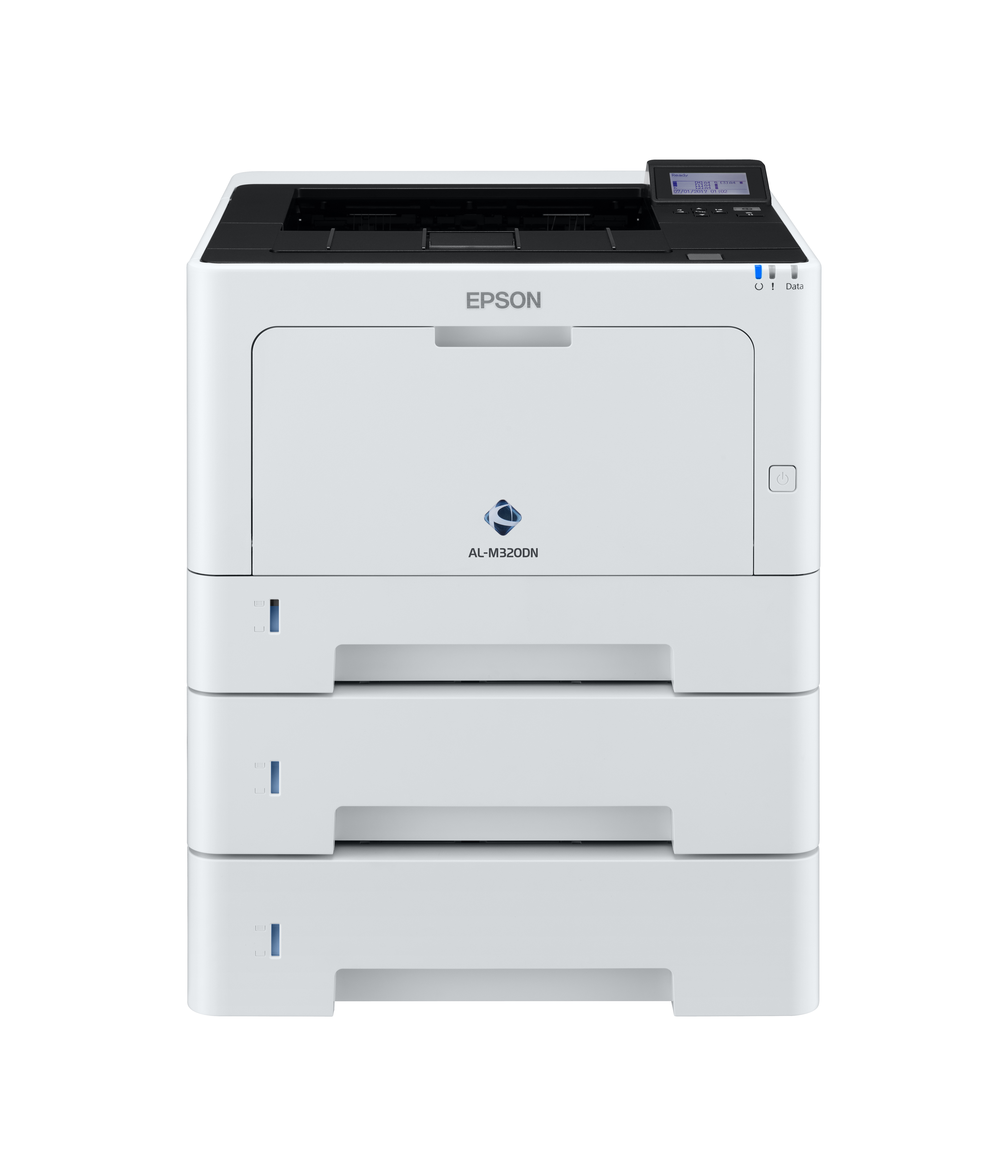 Biała drukarka Epson. Model to AL-M320DN. Jest na białym tle. Czarny wierzch z panelem sterowania.