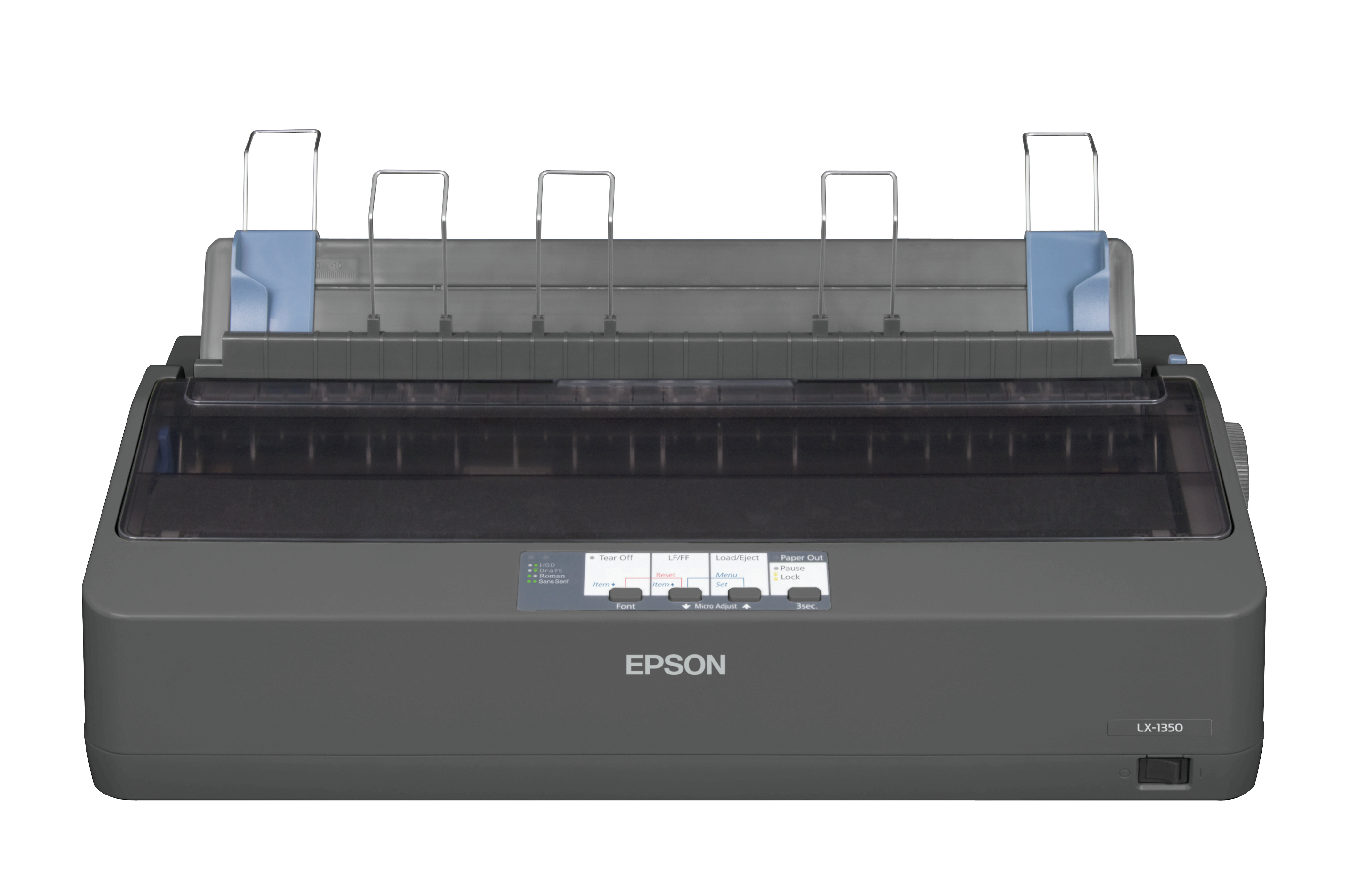 Epson LX-1350G matrixprinter, zwart, vooraanzicht. Met papiergeleiders en bedieningspaneel.