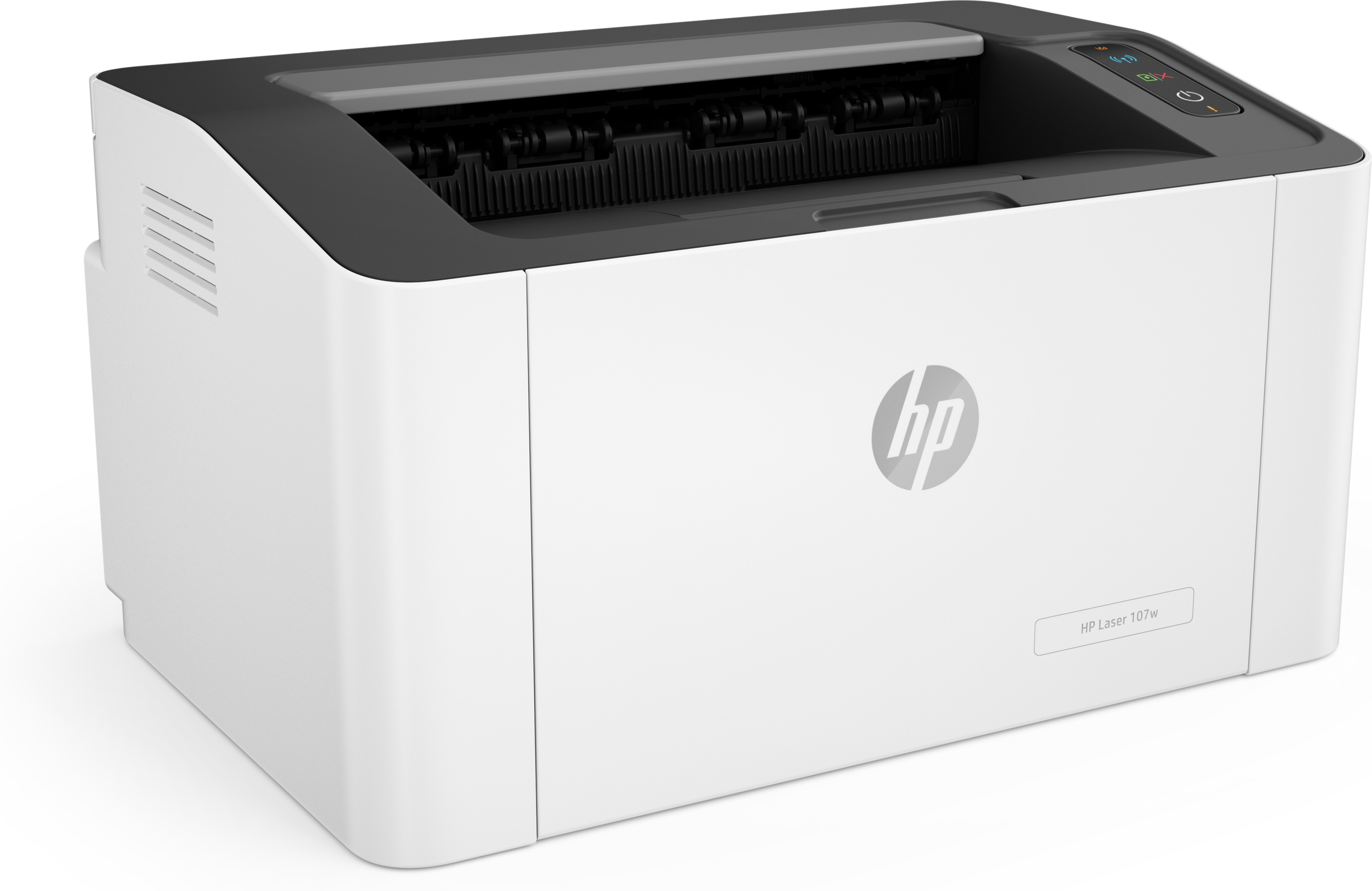 Una stampante HP Laser 107w bianca e nera. Un pulsante di accensione è visibile.