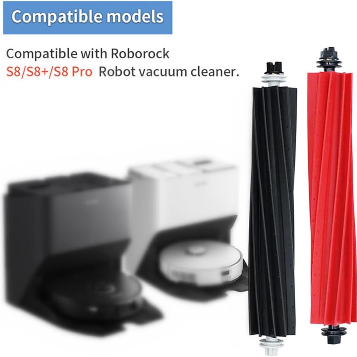 Stofzuigeronderdelen: twee borstels, één zwart, één rood en een witte robotstofzuiger. Tekst: 'Compatibel met Roborock'.