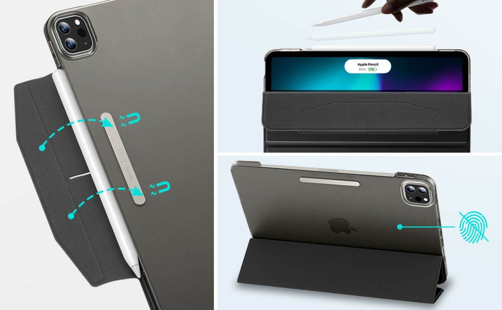 Mehrere Ansichten eines iPad Pro mit einem Stift, der an einer Hülle befestigt ist. Der Stift lädt.