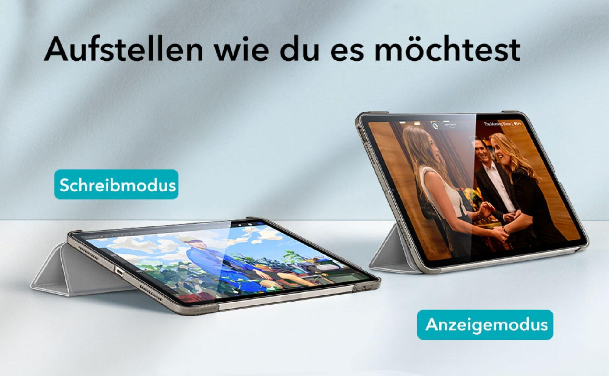 Zwei Tablets in Schutzhüllen. Eines ist aufrecht, eines flach. Text sagt 'Einrichten wie gewünscht' und 'Schreibmodus'.
