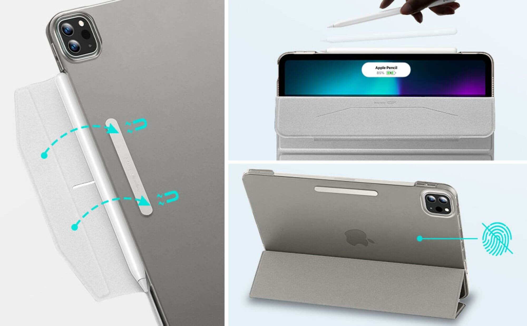 Ein Tablet mit Hülle und Stift, die Befestigung des Stifts am Tablet zeigend.