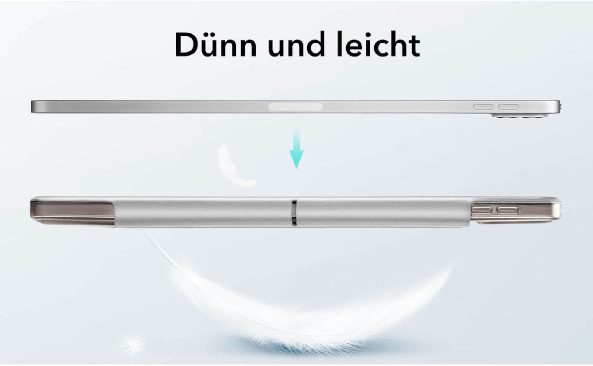 Zwei Handyhüllen gezeigt, eine in der anderen. Text: Dünn und leicht (Dünn und leicht).