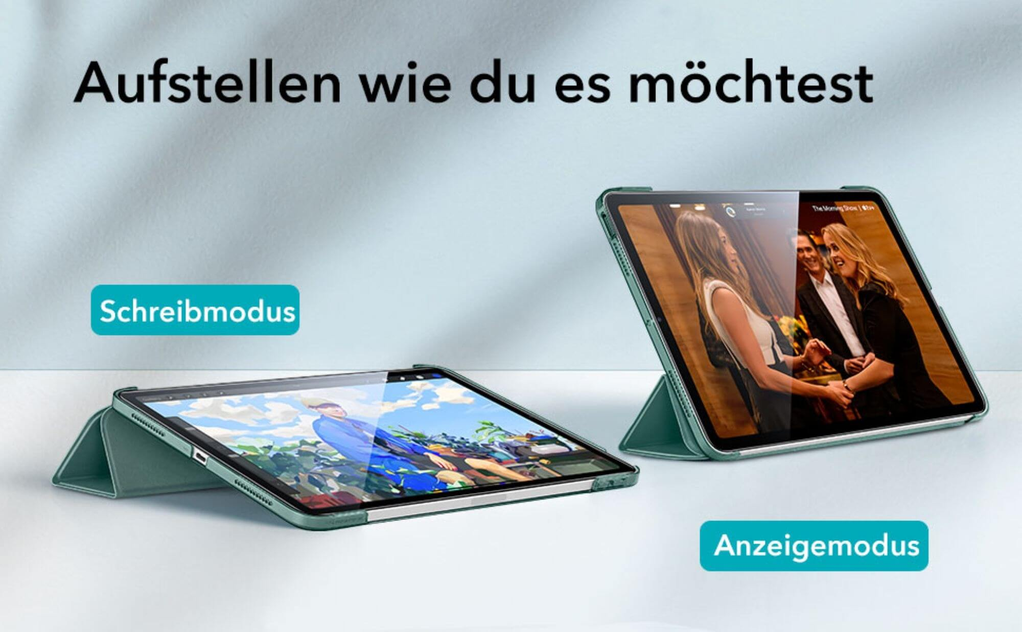 Zwei Tablets mit Hüllen im Schreib- und Anzeigemodus, Text auf Deutsch.