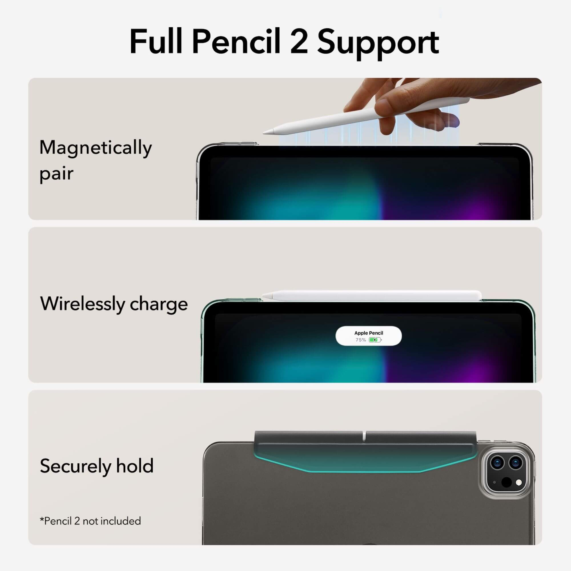 Diagramm, das zeigt, wie man einen Apple Pencil magnetisch koppelt, drahtlos auflädt und sicher an einem Tablet befestigt.