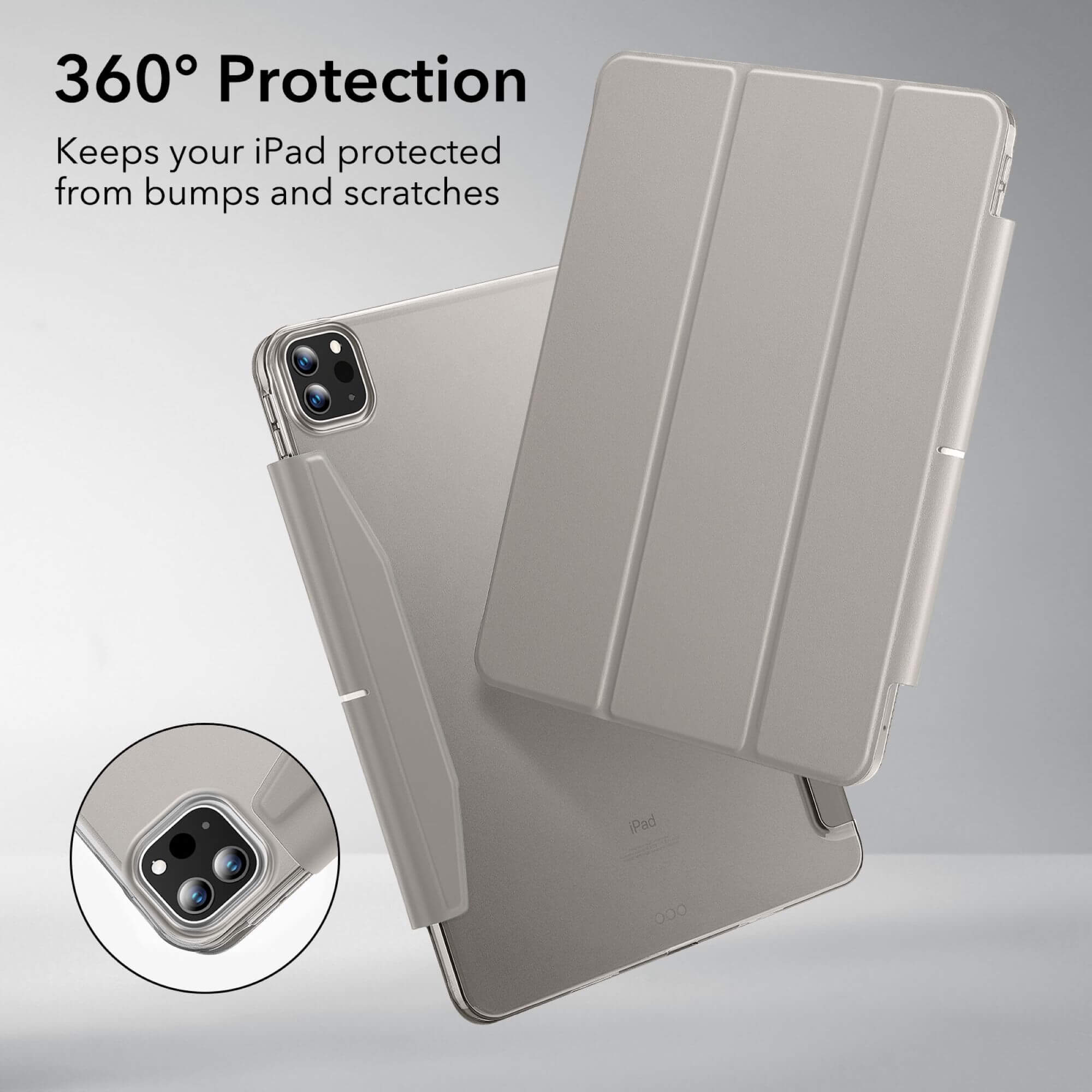 Silbernes iPad in einem grauen Case, mit detaillierter Schutzhülle.