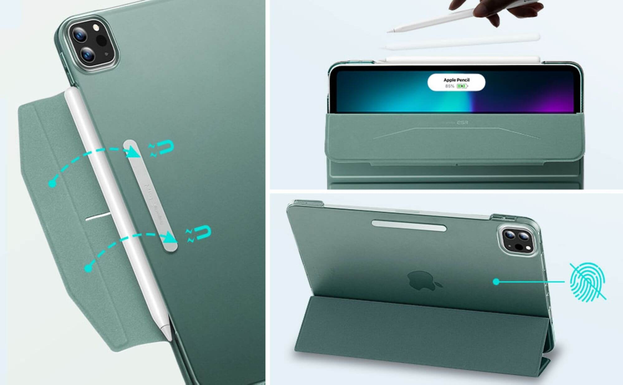 Grüne Tablethülle mit Apple Pencil. Die Hülle ist geöffnet und geschlossen, der Stift wird gezeigt.