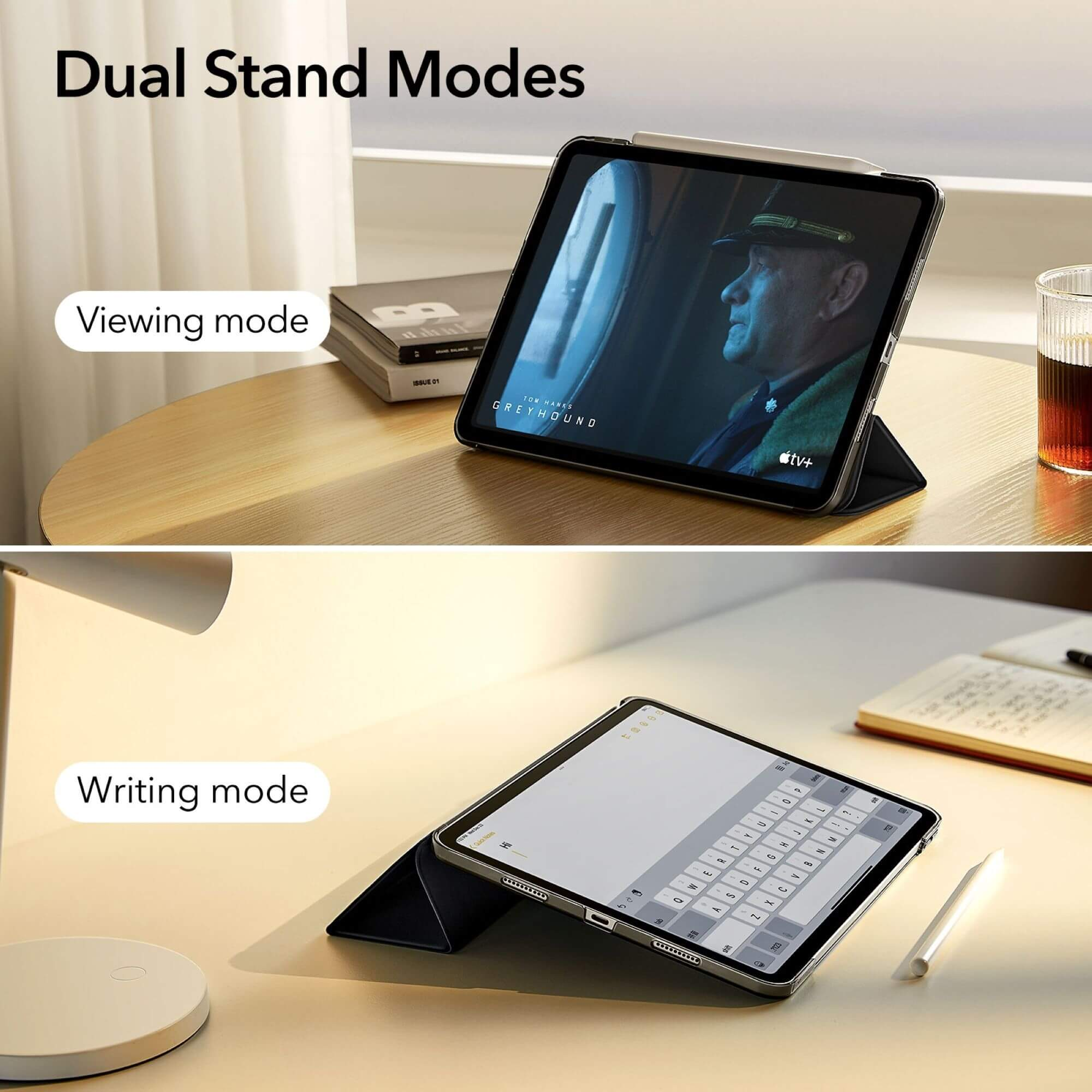 Tablet in zwei Positionen: Anzeigen und Schreiben. Beide zeigen das Tablet in einem Gehäuse. Weiße Lampe im Hintergrund.