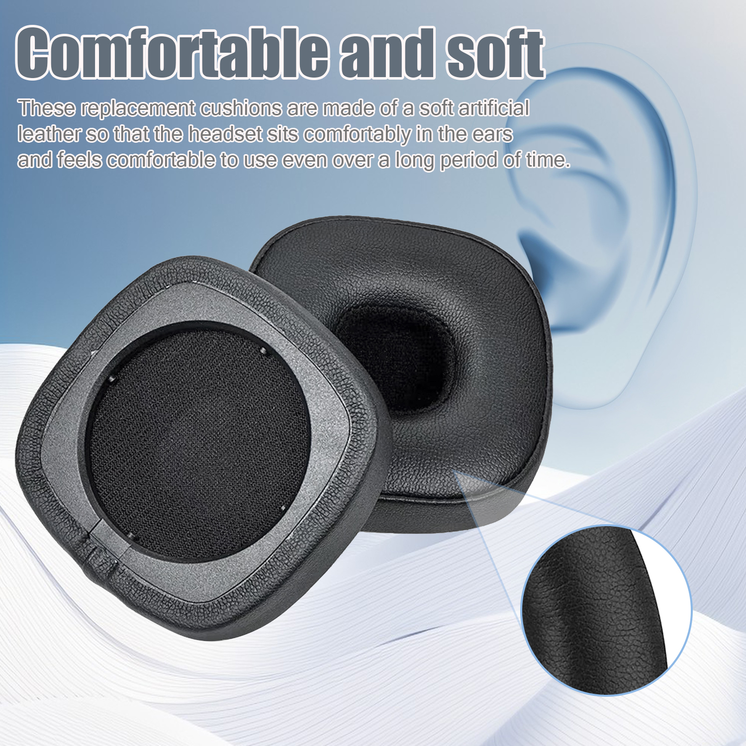 Dwie czarne poduszki do słuchawek z teksturowaną powierzchnią i schematem ucha.