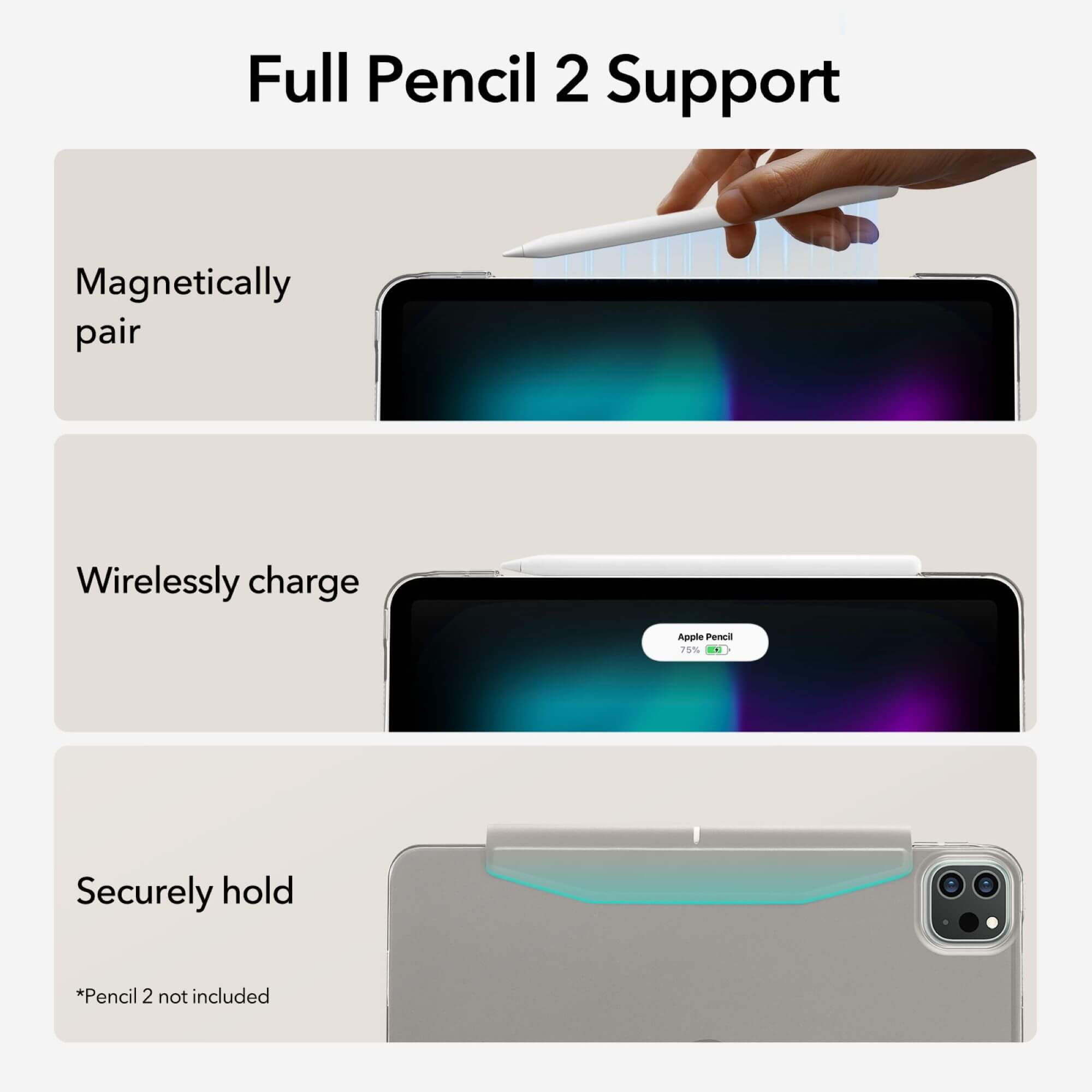 iPad mit Stift. Zeigt magnetisches Koppeln, kabelloses Laden und sicheren Halt des Stifts.