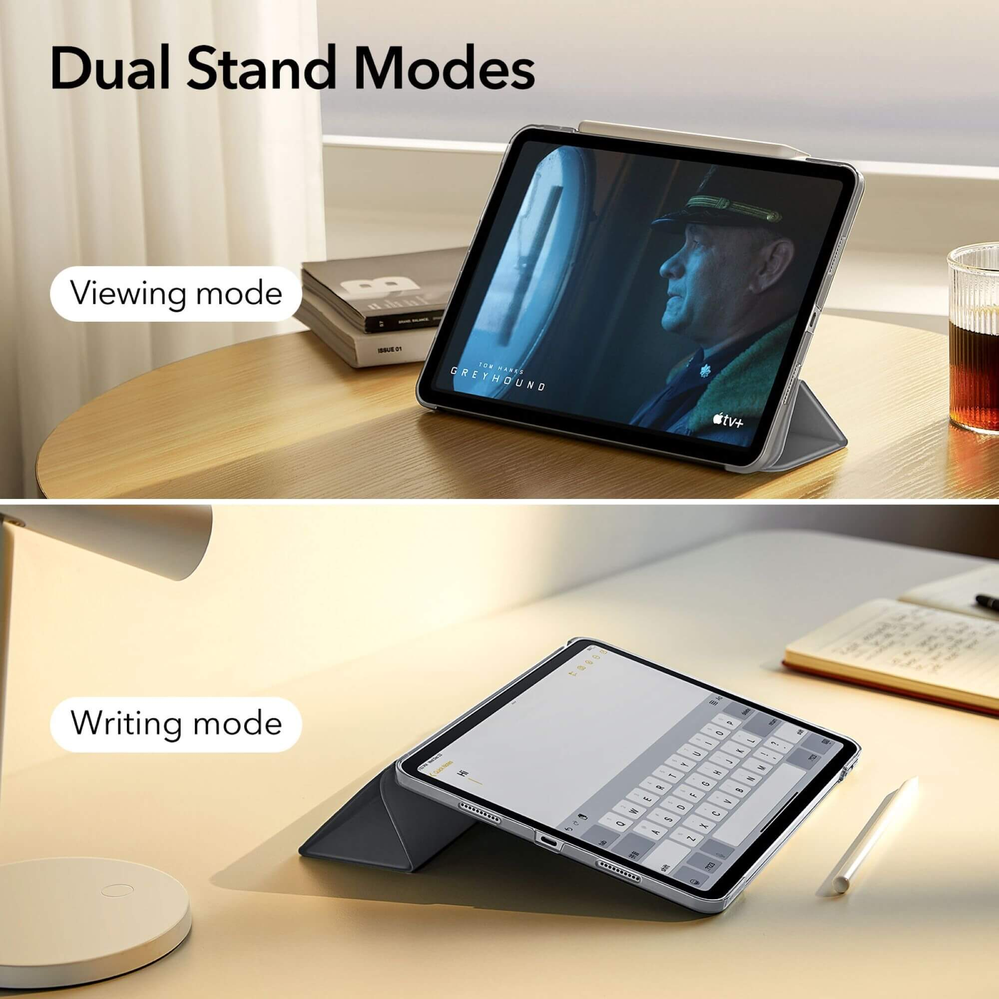 Tablet in zwei Modi: Anzeigemodus und Schreibmodus, beide auf Tischen mit unterschiedlichem Hintergrund.