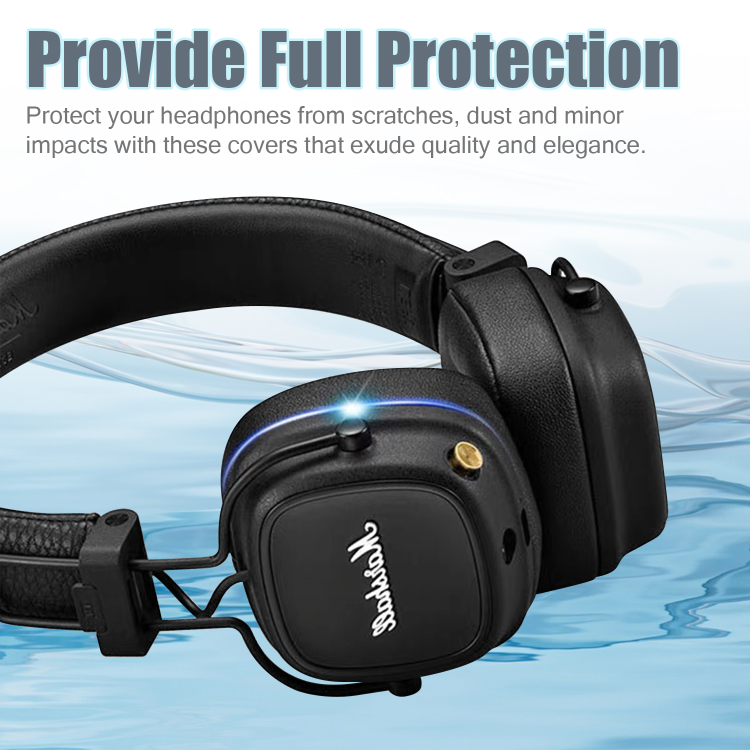 Czarne słuchawki z białym logo na niebieskiej powierzchni. Tekst mówi: 'Zapewnij pełną ochronę'.