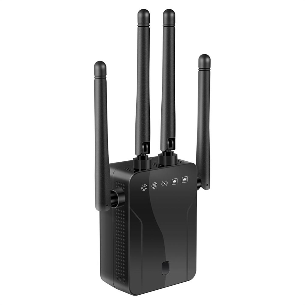 Ein schwarzer Router mit vier Antennen. Er steht auf weißem Untergrund.