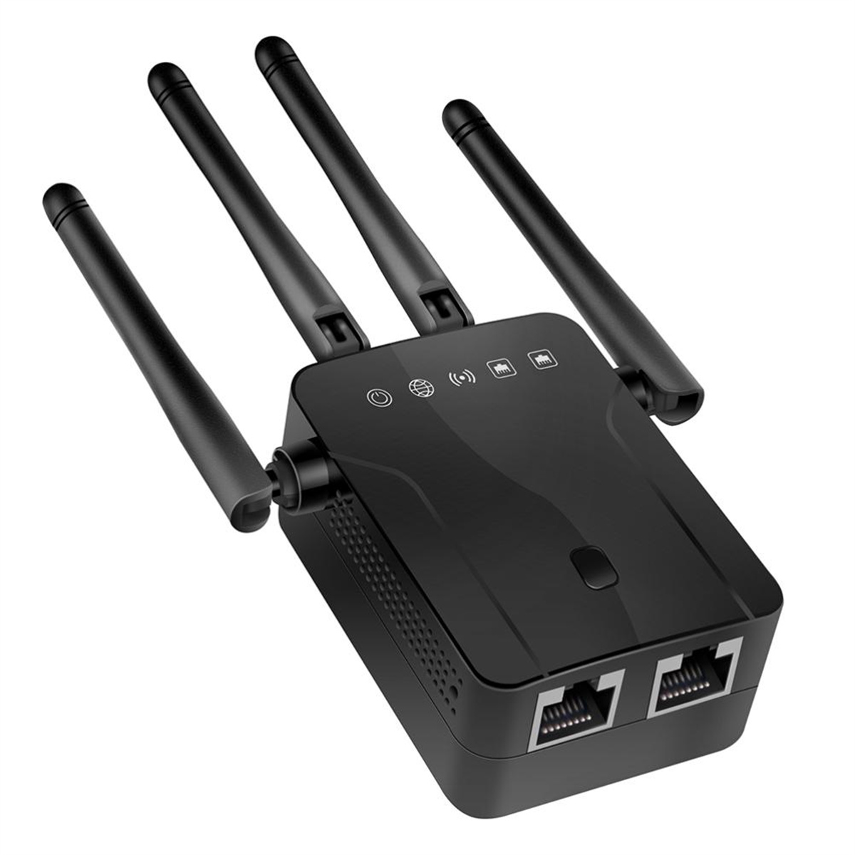Ein schwarzer WLAN-Extender mit vier Antennen und zwei Ethernet-Anschlüssen.
