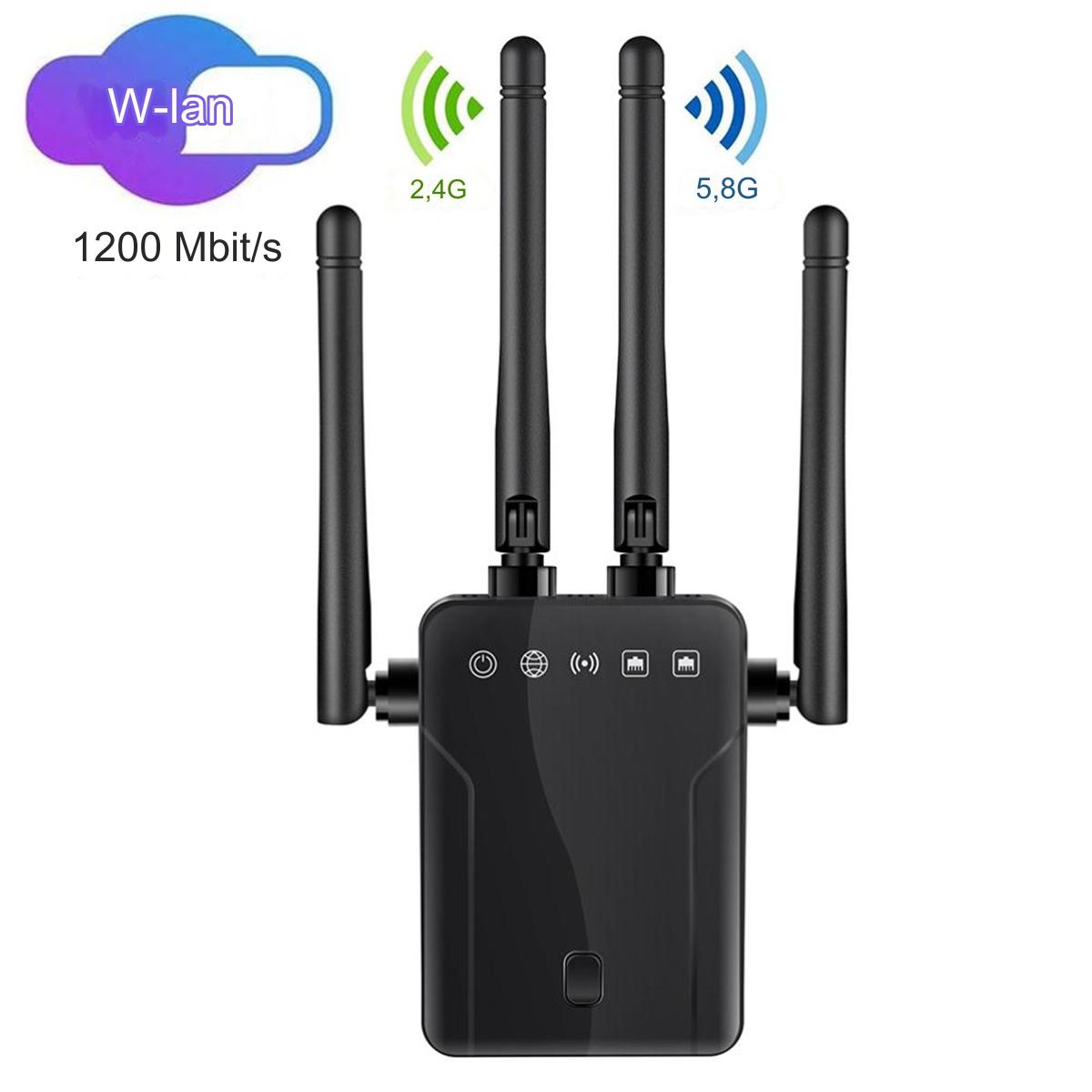 Schwarzer WLAN-Repeater mit Antennen, W-lan und 1200 Mbit/s Text, auf weißem Hintergrund.