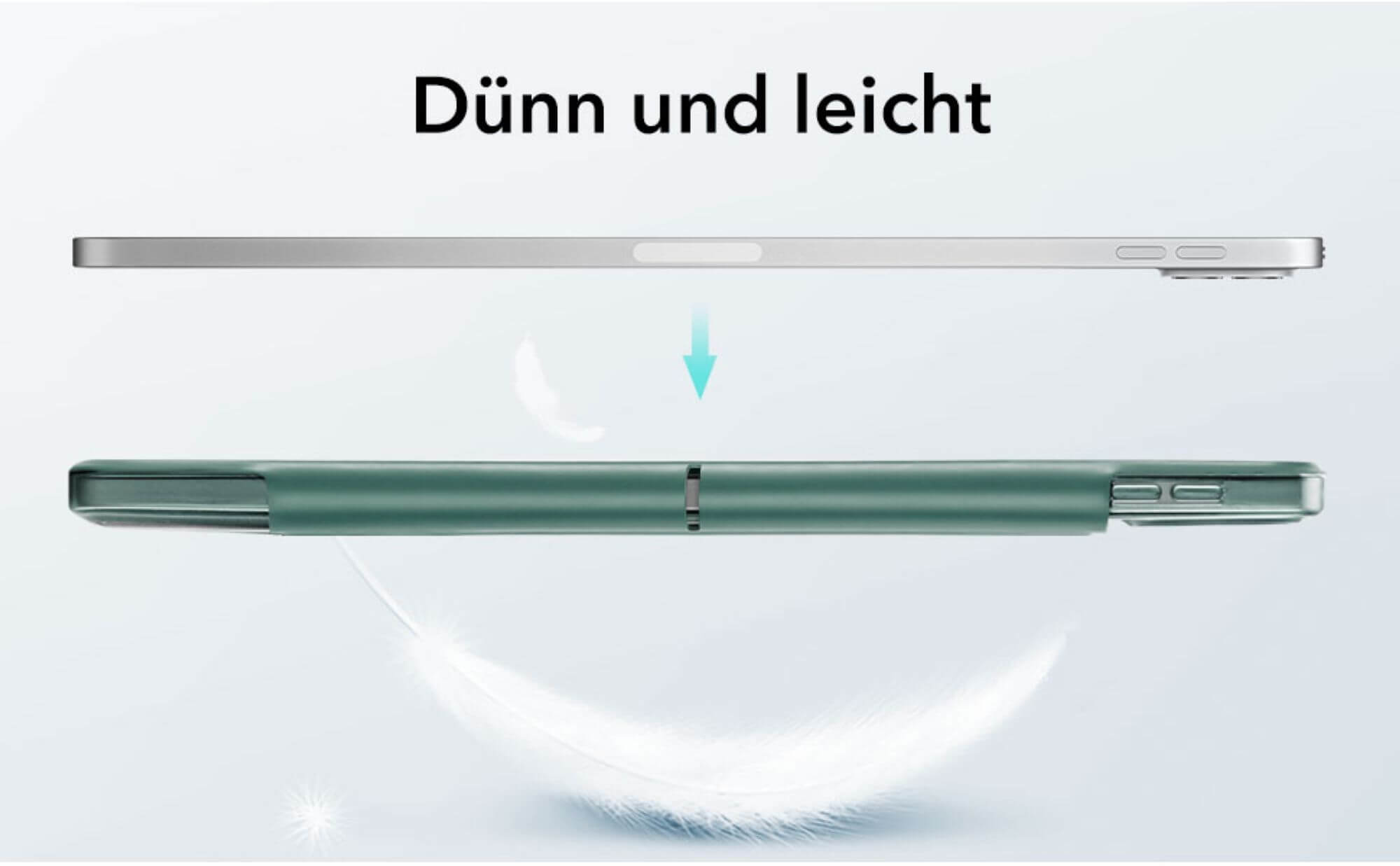 Ein iPad in einer grünen Hülle, verglichen mit dem Profil des iPads.