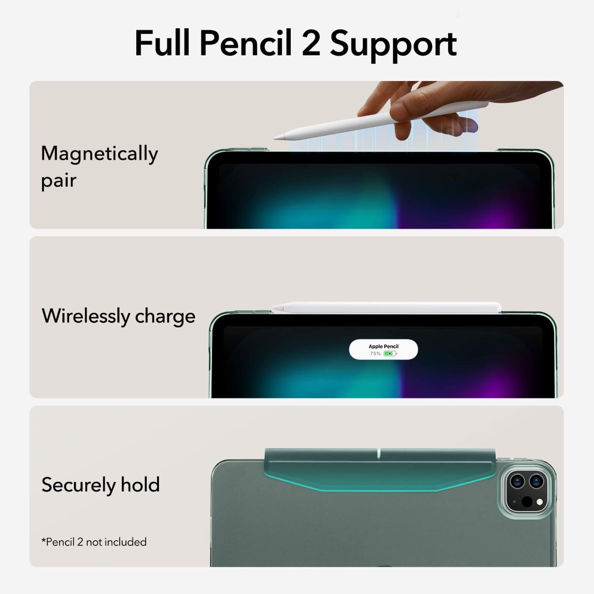 Bilder zeigen ein iPad mit Stift. Unterstützung für magnetische Kopplung, kabelloses Laden und sicheren Halt.