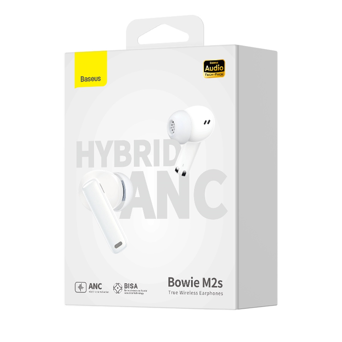 Białe słuchawki z pudełkiem, z etykietą Baseus, Hybrid ANC i Bowie M2s.