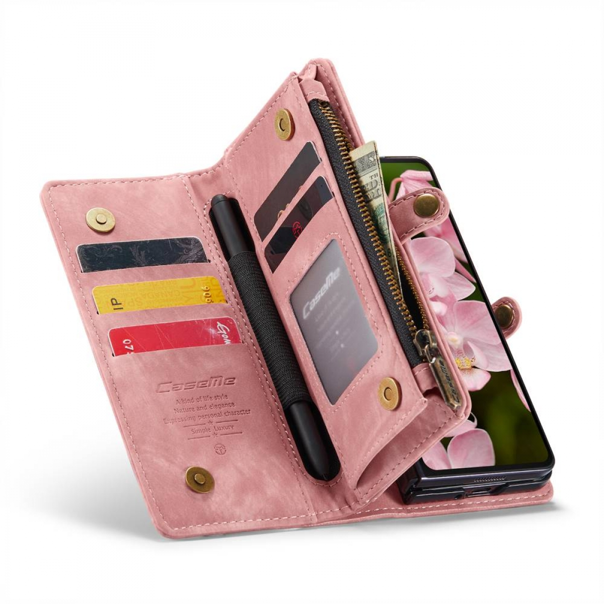 Eine rosa Handyhülle mit Karten und einem Stift, mit einem Telefon darin.