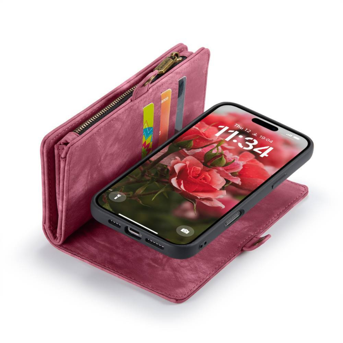 Eine rosa Telefontasche mit einem Telefon, das ein Rosenbild anzeigt.