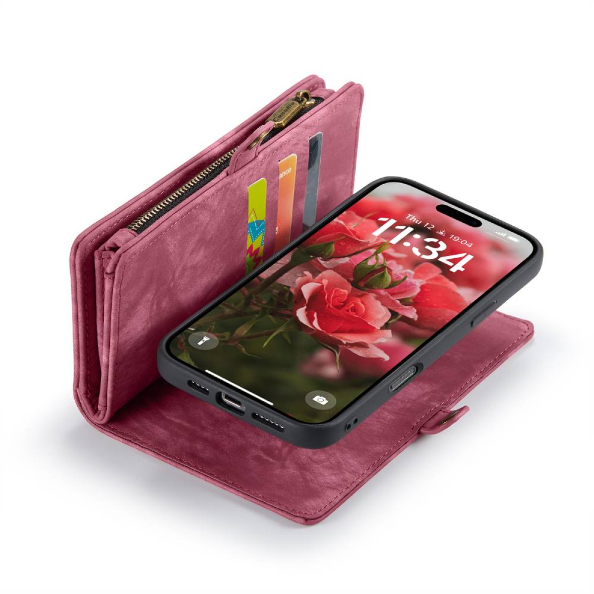 Eine pinkfarbene Handyhülle mit einem Portemonnaie, das ein Telefon und Karten zeigt.