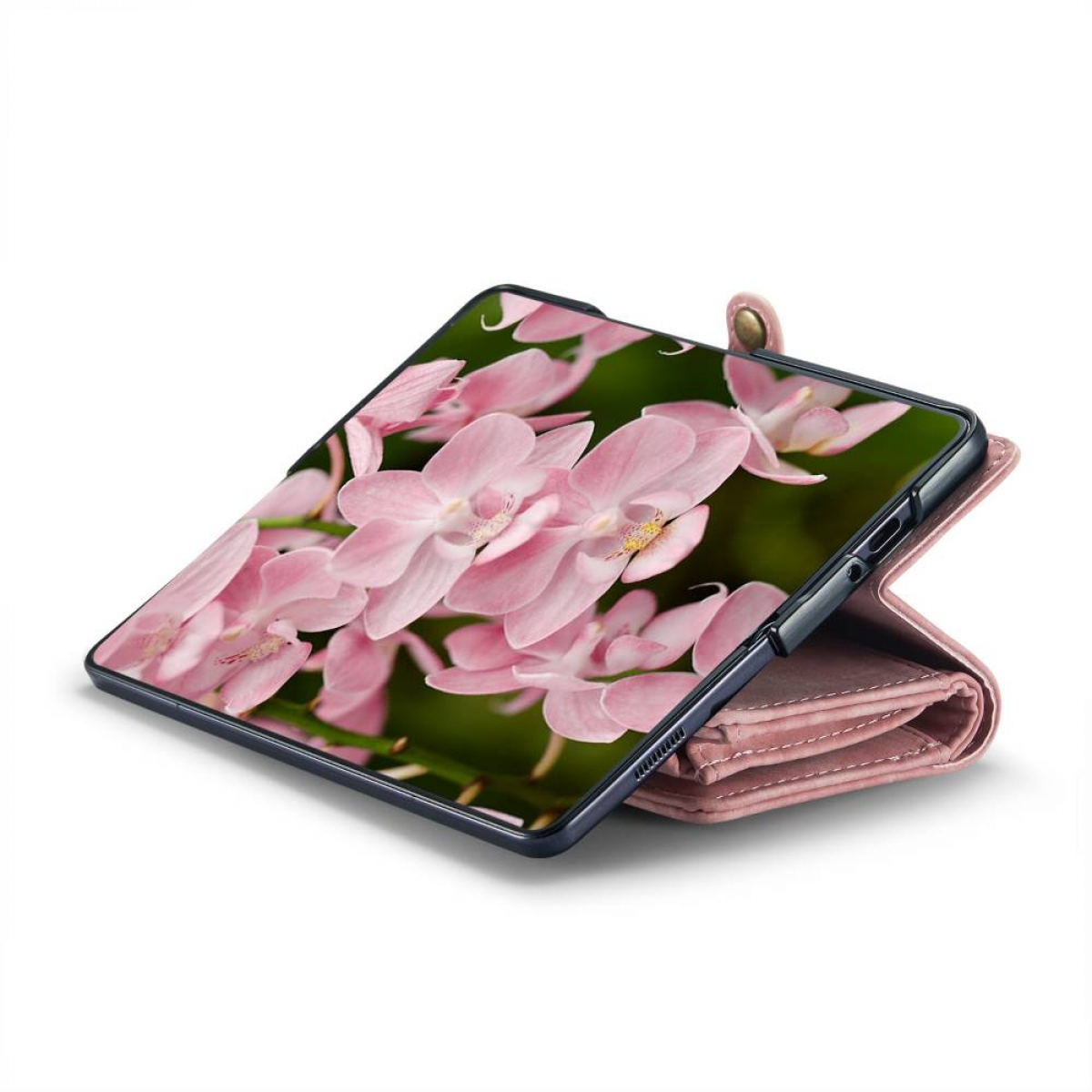 Rosa Telefon mit rosa floralem Hintergrund. Das Telefon befindet sich in einem rosa Brieftaschenetui.