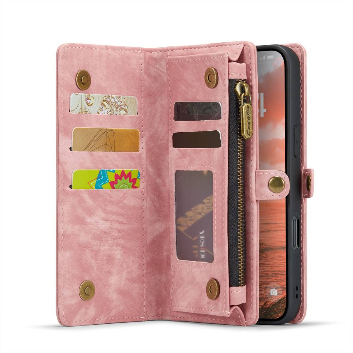 Rosa Brieftaschen-Handyhülle, geöffnet mit Kartenfächern, Reißverschlusstasche und Telefon.