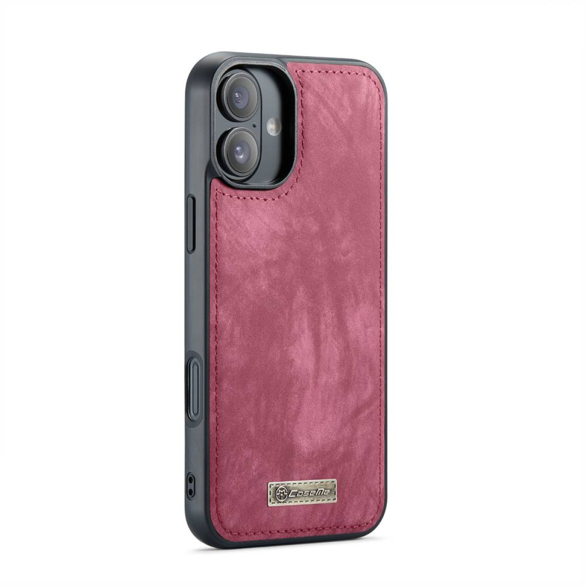 Rot-violette Leder-Handyhülle an einem schwarzen Telefon. Die Hülle hat ein Metall-Logo.