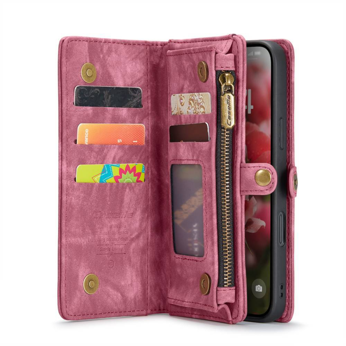 Eine offene Handyhülle im Brieftaschenstil zeigt Karten und ein Telefon; die Hülle ist rosa.