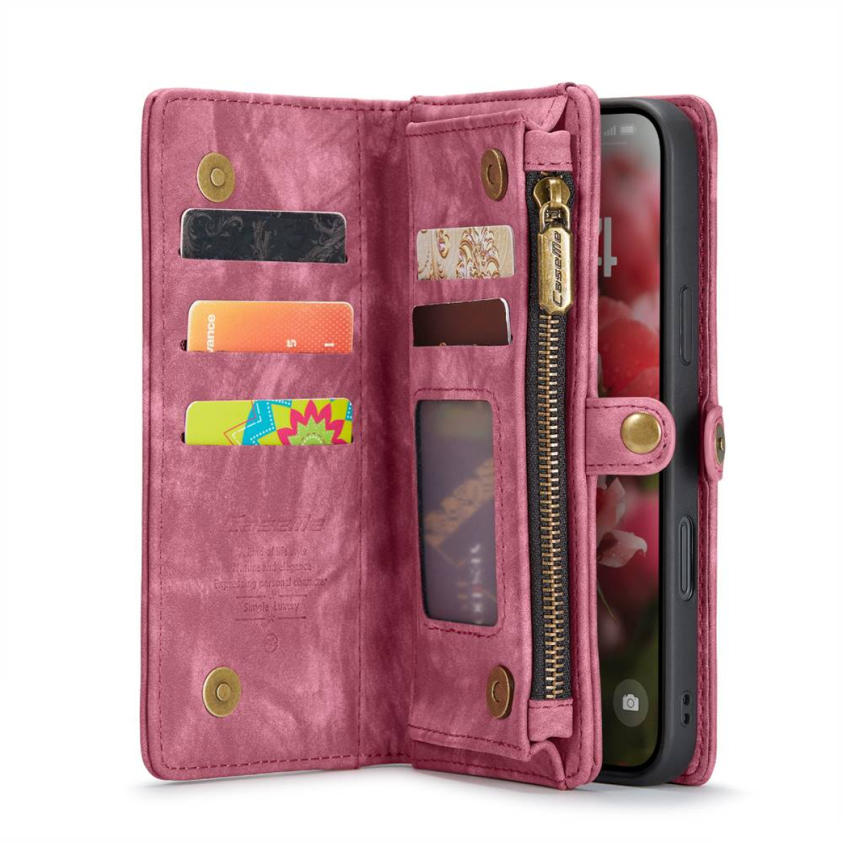Rosafarbene Brieftaschen-Handyhülle geöffnet, zeigt Karten, Reißverschluss und Telefon.