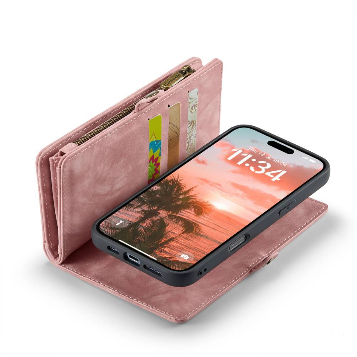 Rosa Telefontasche offen mit Telefon, Strandansicht zeigend.