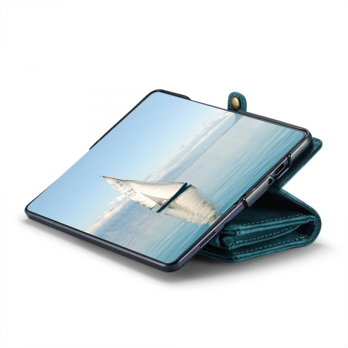 Ein Mobiltelefon in einer grünen Hülle. Der Telefonbildschirm zeigt eine Wasserszene mit einem Boot. Das Telefon ist offen.