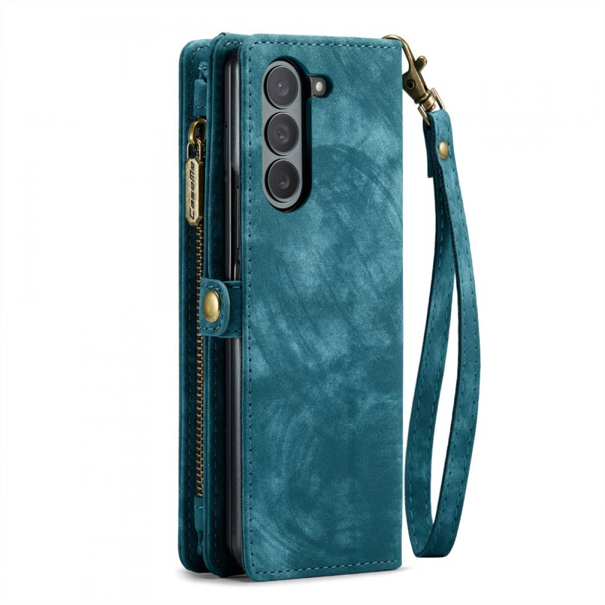 Türkisfarbenes Handy-Case mit Portemonnaie und Handschlaufe. Reißverschluss und goldfarbene Akzente.