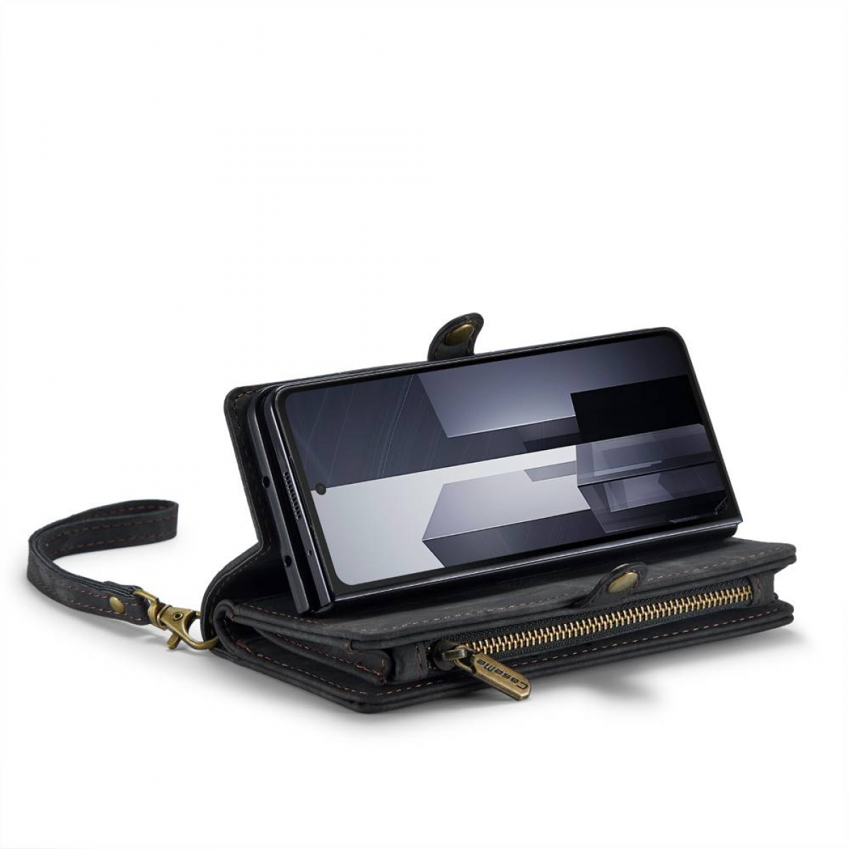 Schwarze Leder-Handy-Geldbörse mit einem Telefon darin. Sie hat eine Handschlaufe und einen goldenen Reißverschluss.