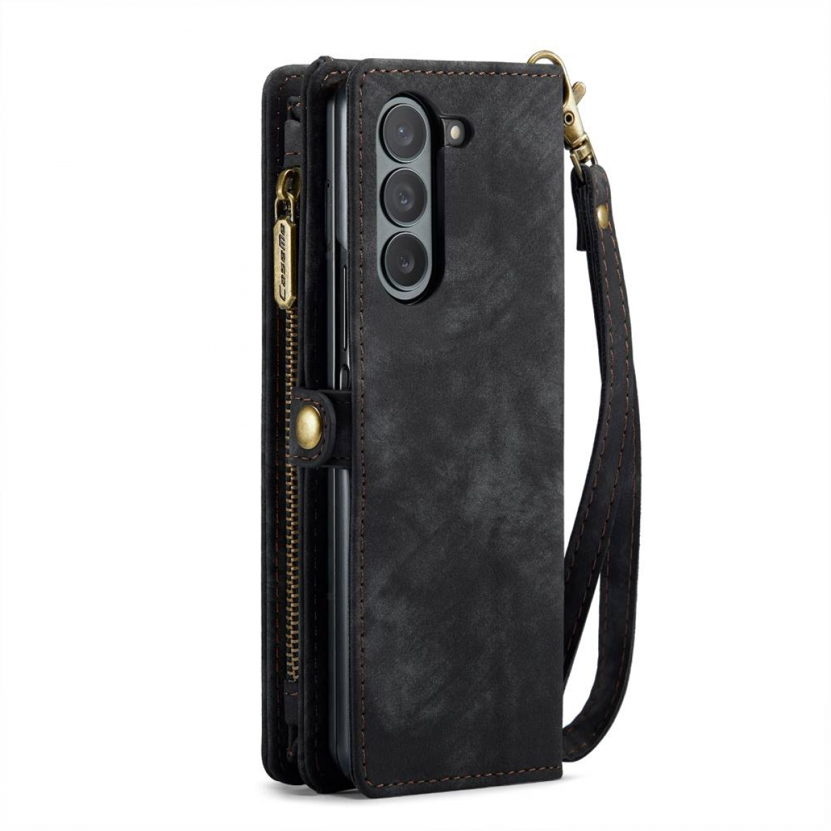 Schwarze Leder-Handyhülle mit Reißverschluss und Riemen. Hält ein Telefon.