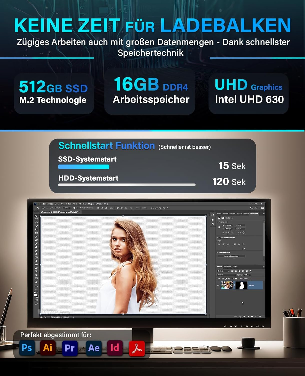 Obraz kobiety używającej oprogramowania do edycji zdjęć na monitorze, z tekstem i ikonami.