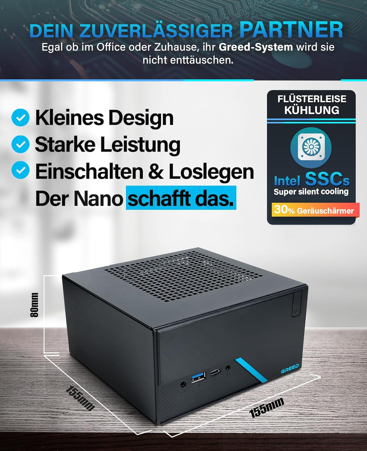 Czarny mini-komputer z tekstem i wymiarami, wraz z grafiką przedstawiającą jego funkcje.