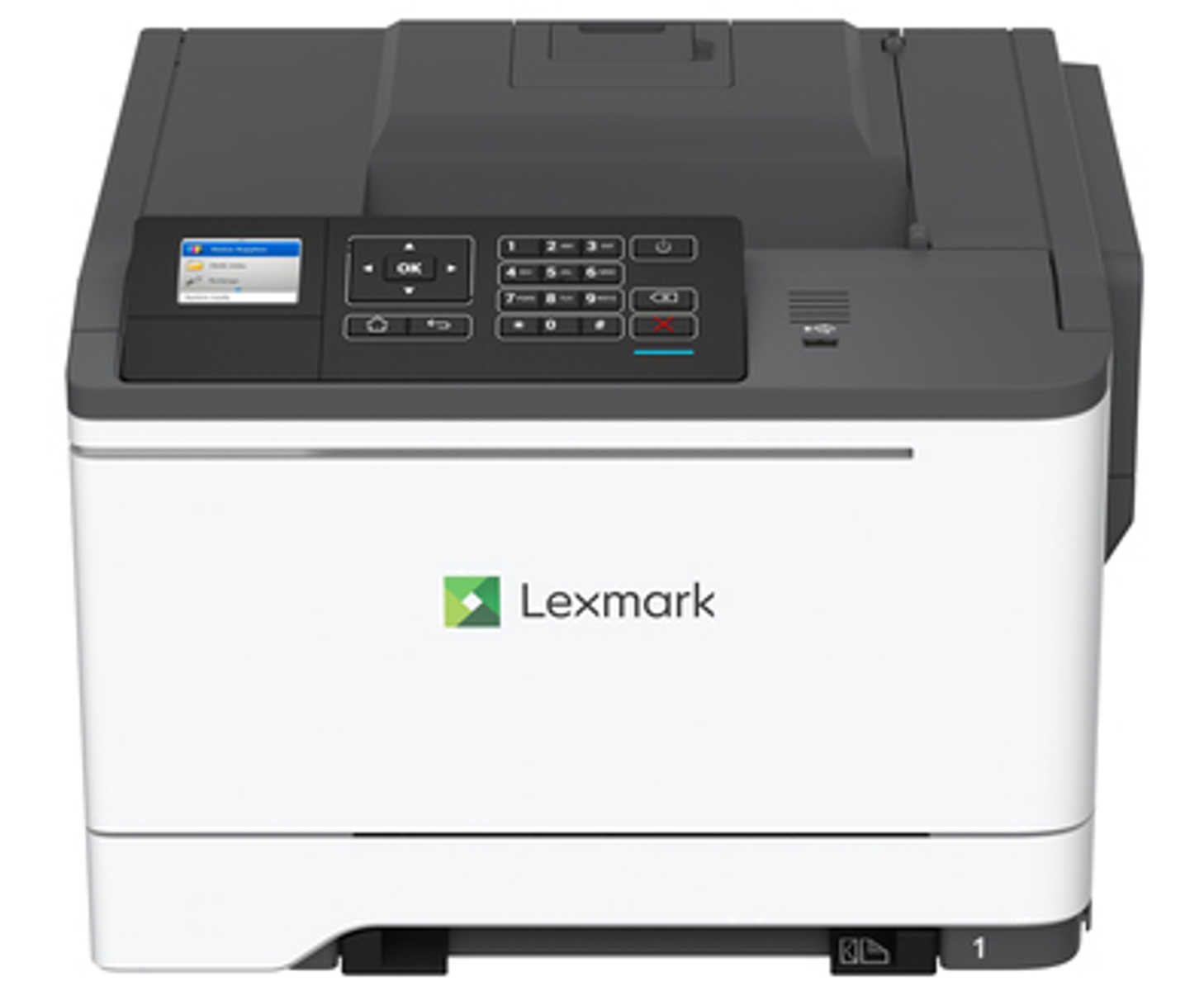 Stampante Lexmark bianca e nera. Logo Lexmark sul davanti.