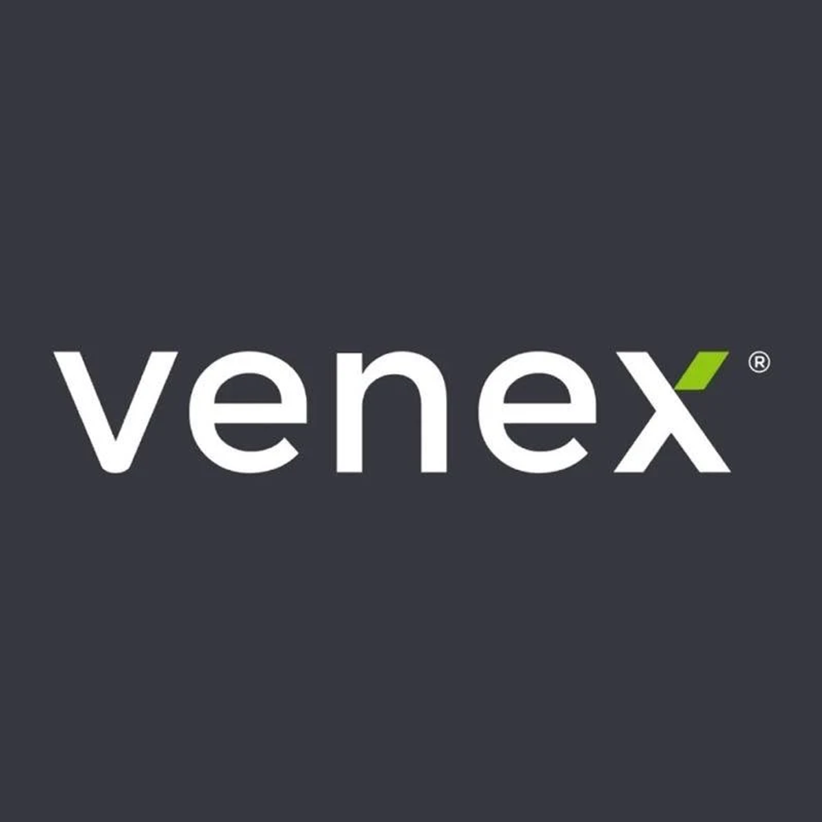 Das Venex-Logo in weißem Text auf dunklem grauem Hintergrund, mit einem grünen Akzent.
