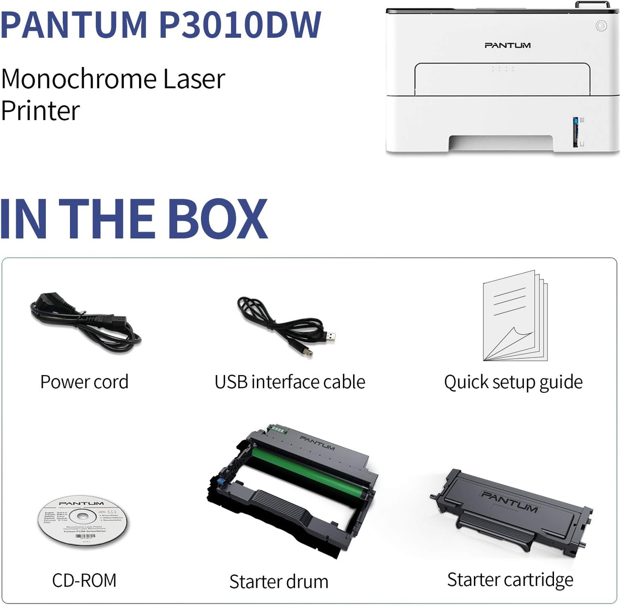 PANTUM P3010DW Drucker mit Packungsinhalt: Netzkabel, USB-Kabel, CD-ROM, Trommel, Patrone.