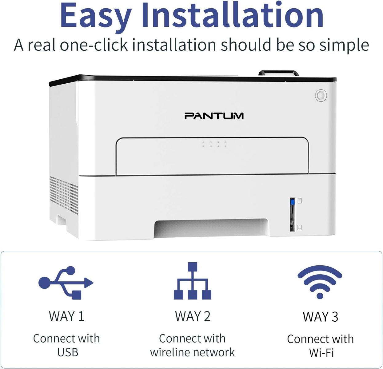 Weißer Pantum-Drucker mit drei Anschlussmöglichkeiten: USB, drahtgebundenes Netzwerk und Wi-Fi. Einfache Installation.