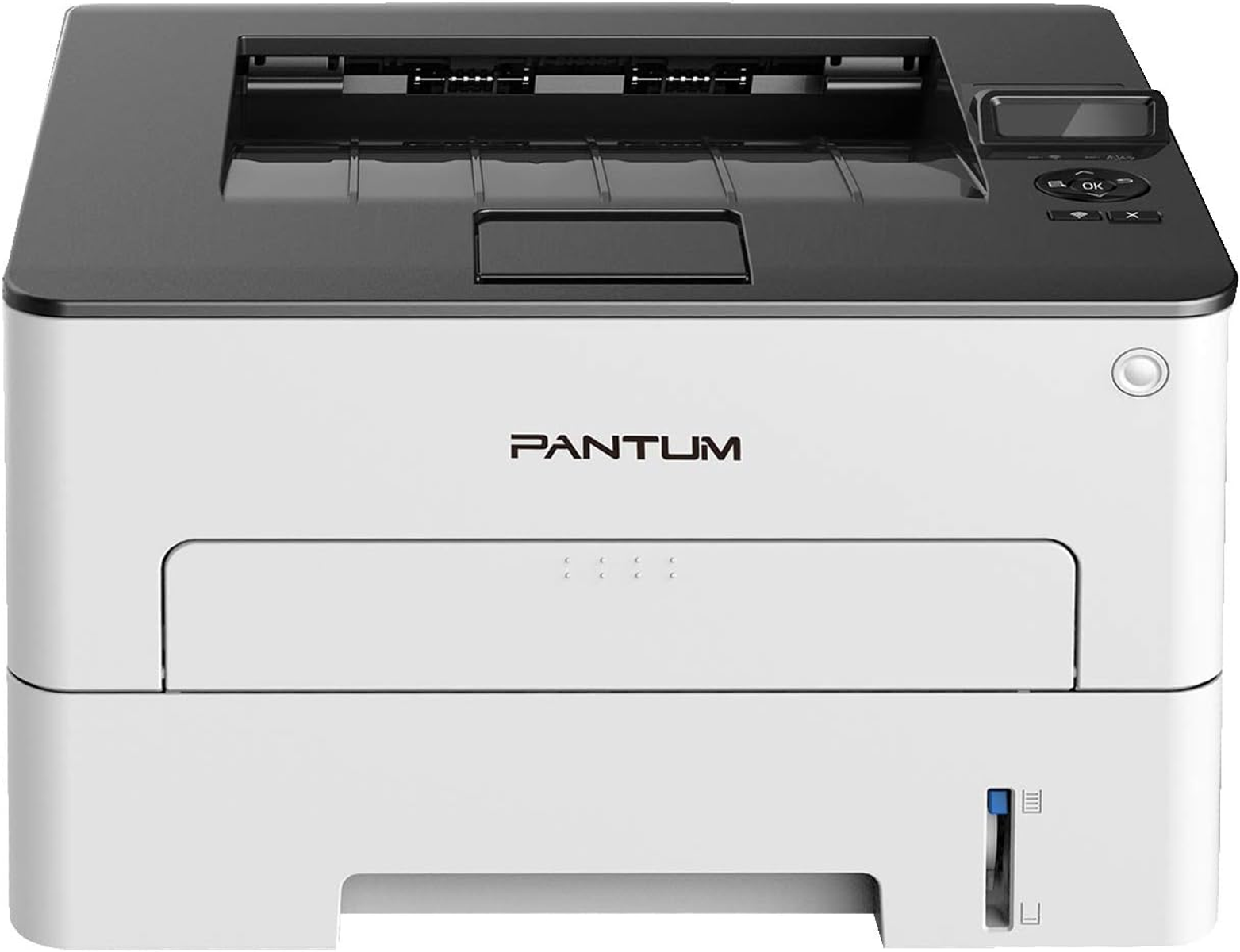 Weiße und schwarze Pantum Drucker, Vorderansicht. Der Drucker hat ein schlichtes, modernes Design.