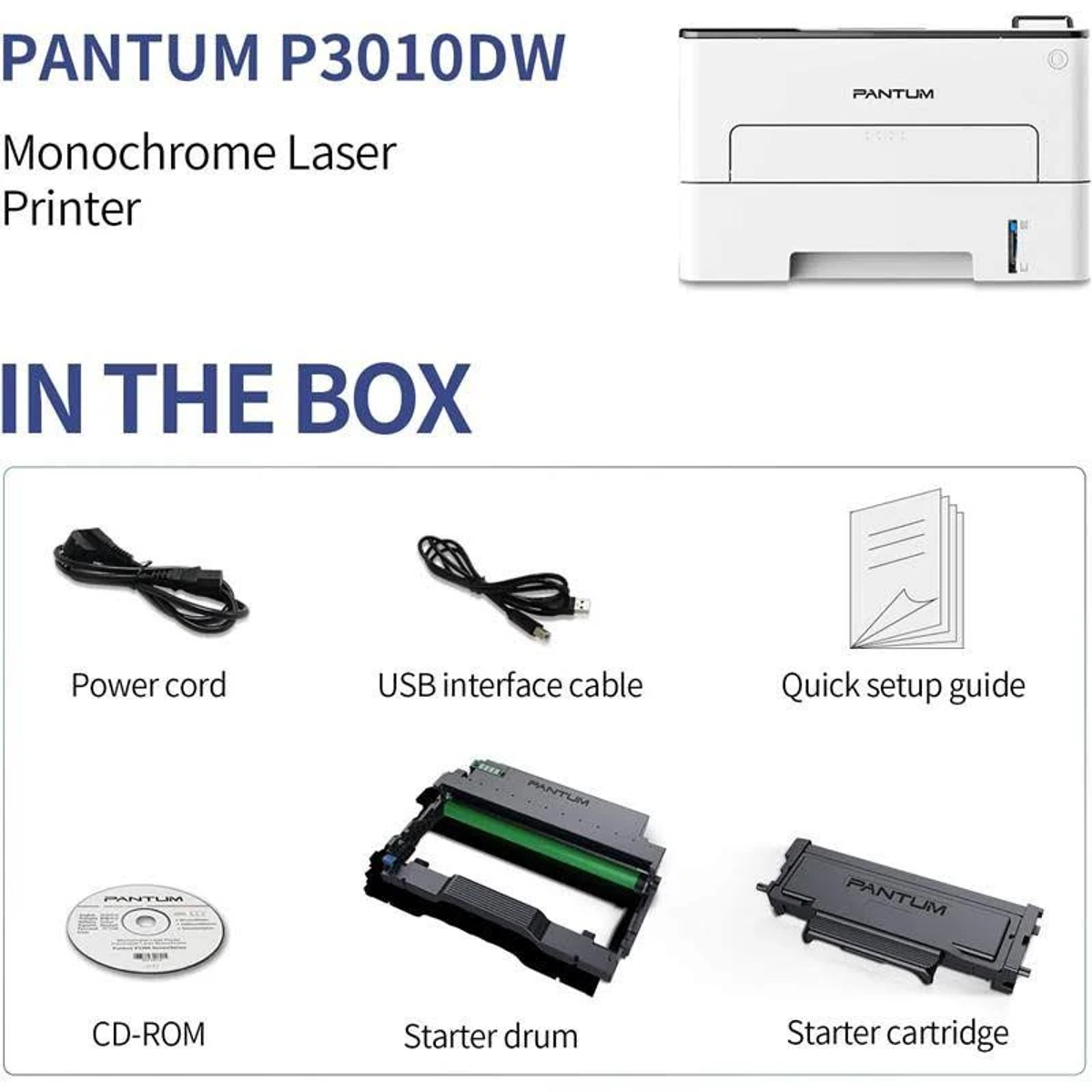 Stampante Pantum P3010DW, con cavo di alimentazione, USB, CD-ROM e altro.