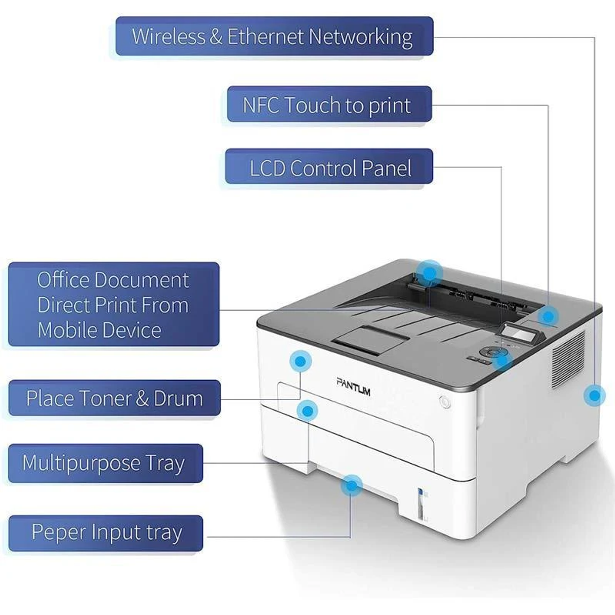 Stampante Pantum con etichette per wireless, NFC e altre funzioni.