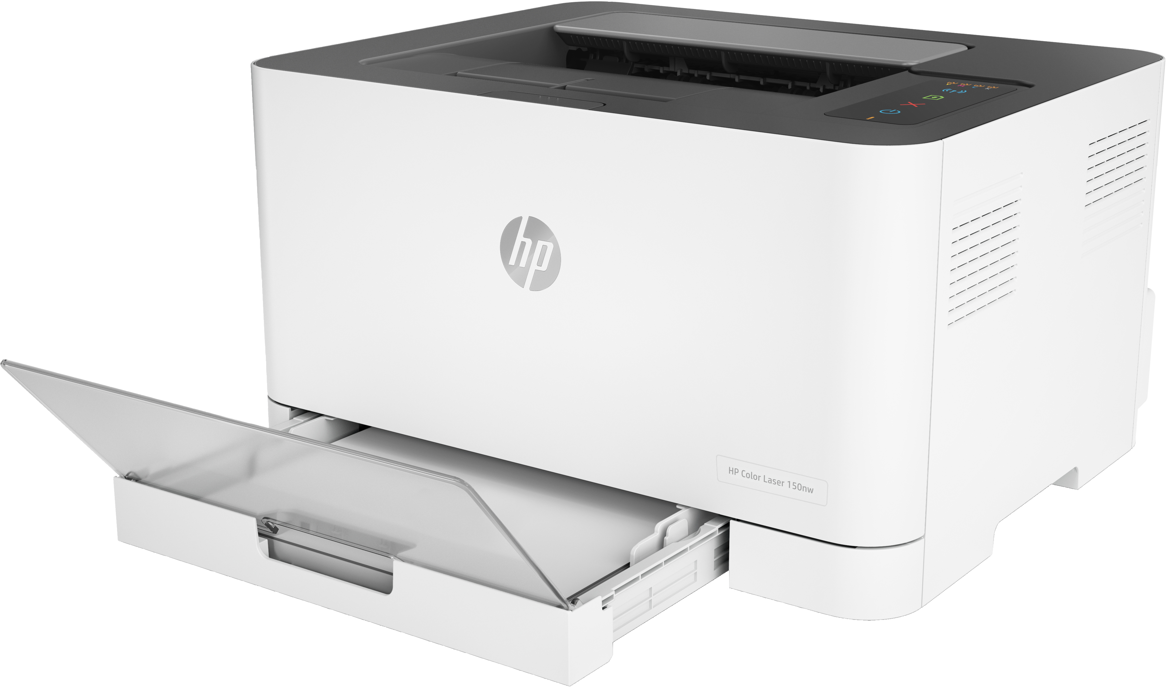 Impresora HP blanca y gris con bandeja de papel abierta. Logotipo de HP en el frente.
